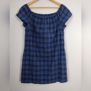 Madewell linen cotton blue plaid off the‎ shoulder sundress dress